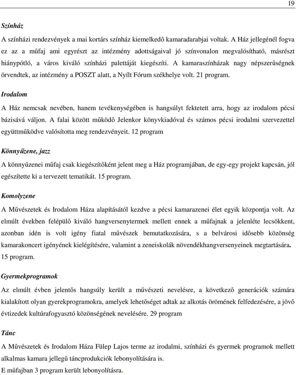 A kamaraszínházak nagy népszerűségnek örvendtek, az intézmény a POSZT alatt, a Nyílt Fórum székhelye volt. 21 program.