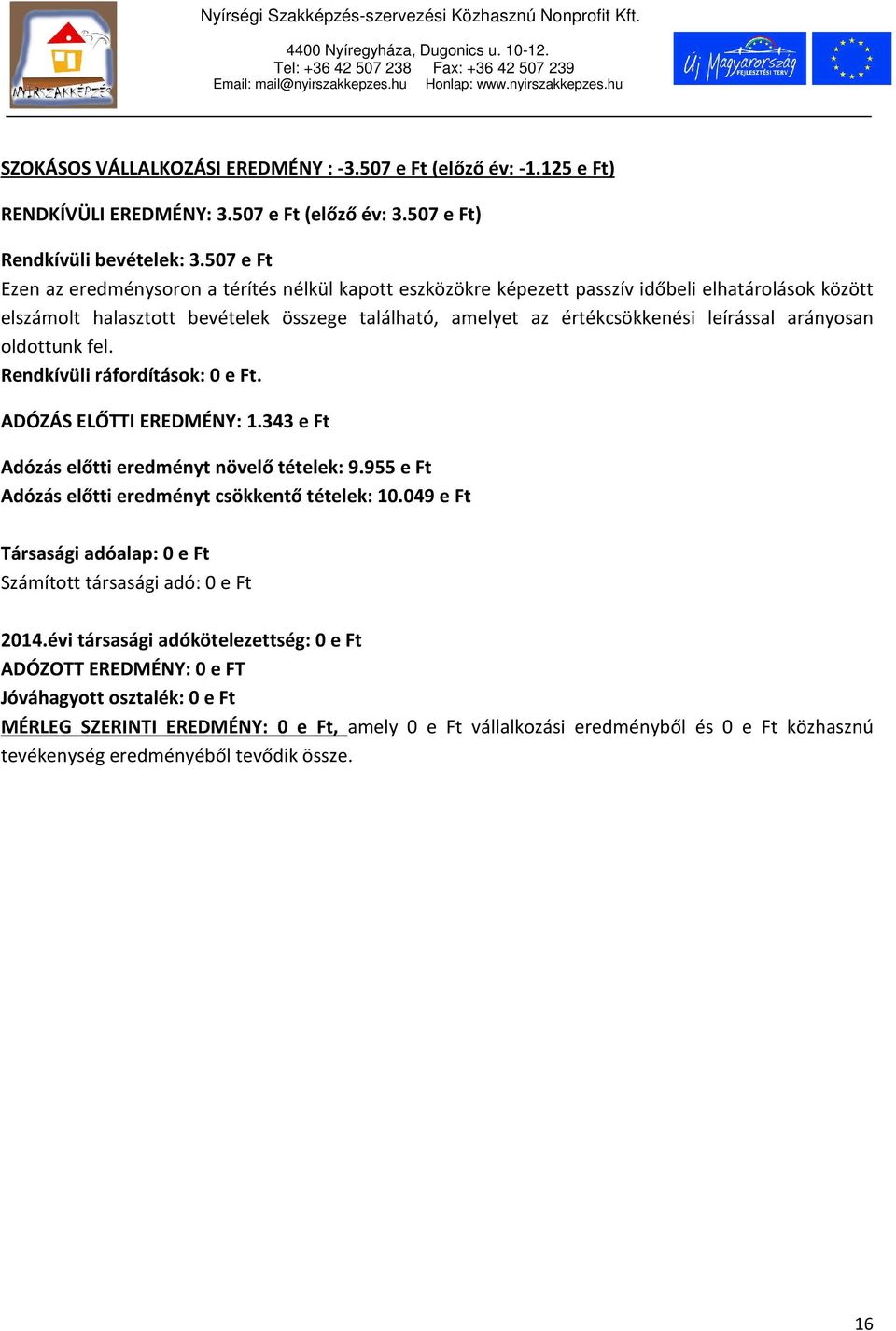 arányosan oldottunk fel. Rendkívüli ráfordítások: 0 e Ft. ADÓZÁS ELŐTTI EREDMÉNY: 1.343 e Ft Adózás előtti eredményt növelő tételek: 9.955 e Ft Adózás előtti eredményt csökkentő tételek: 10.