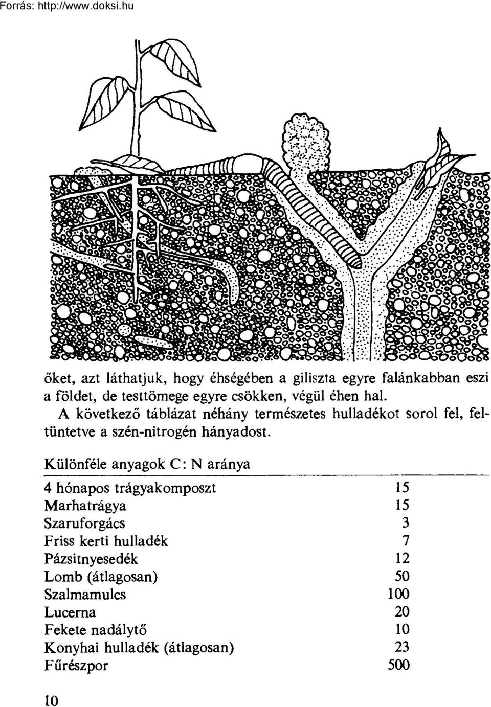 Különféle anyagok C : N aránya 4 hónapos trágyakomposzt 15 Marhatrágya 15 Szaruforgács 3 Friss kerti hulladék 7