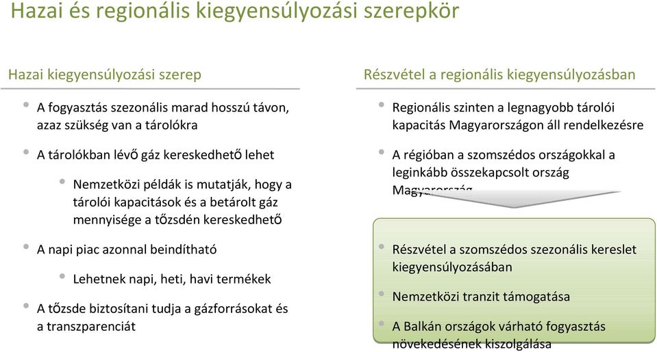 tudja a gázforrásokat és a transzparenciát Részvétel a regionális kiegyensúlyozásban Regionális szinten a legnagyobb tárolói kapacitás Magyarországon áll rendelkezésre A régióban a szomszédos