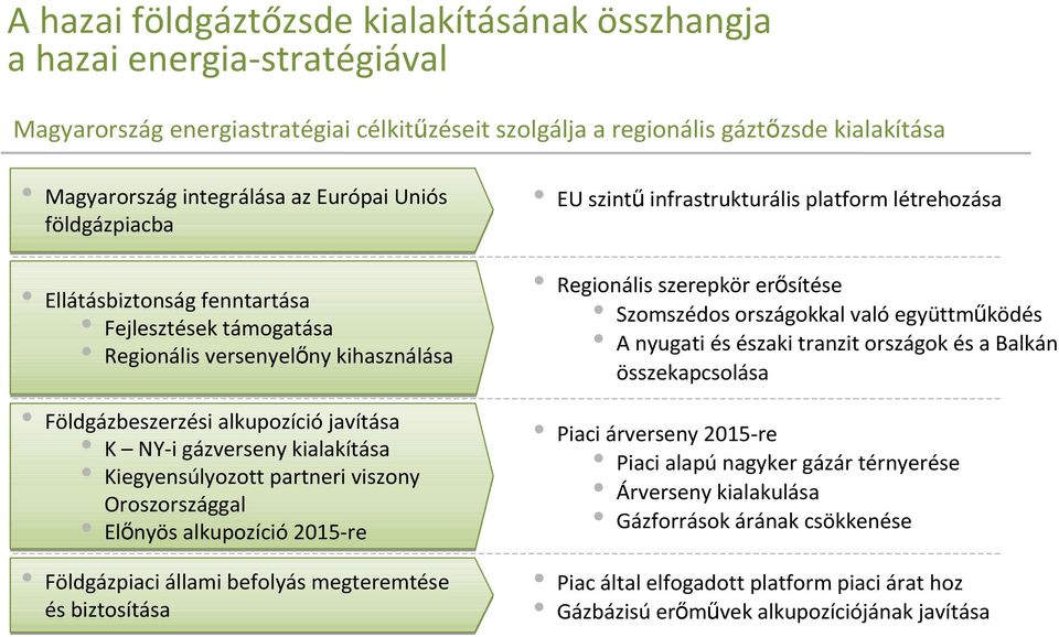 Kiegyensúlyozott partneri viszony Oroszországgal Előnyös alkupozíció 2015-re Földgázpiaci állami befolyás megteremtése és biztosítása EU szintű infrastrukturális platform létrehozása Regionális