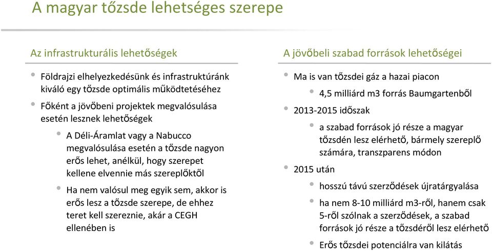 is erős lesz a tőzsde szerepe, de ehhez teret kell szereznie, akár a CEGH ellenében is A jövőbeli szabad források lehetőségei Ma is van tőzsdei gáz a hazai piacon 4,5 milliárd m3 forrás Baumgartenből