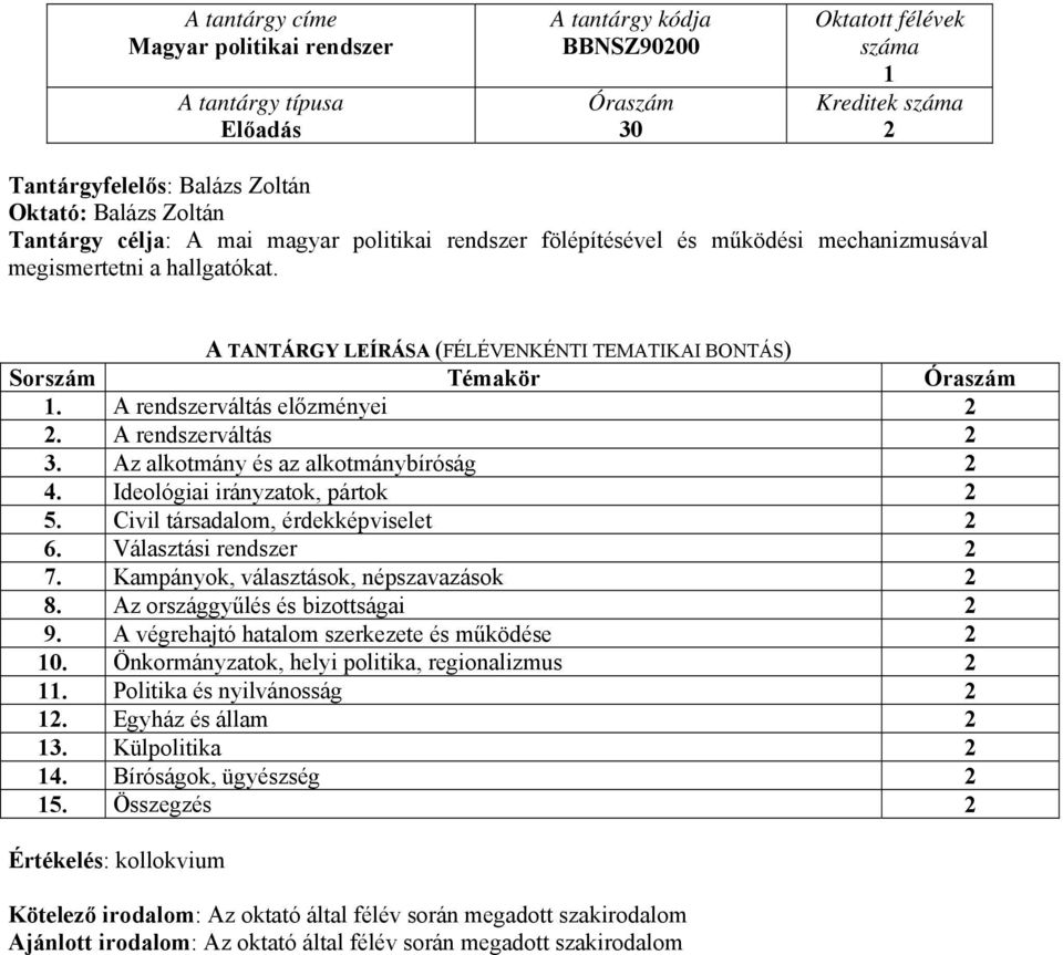 Az alkotmány és az alkotmánybíróság 4. Ideológiai irányzatok, pártok 5. Civil társadalom, érdekképviselet 6. Választási rendszer 7. Kampányok, választások, népszavazások 8.