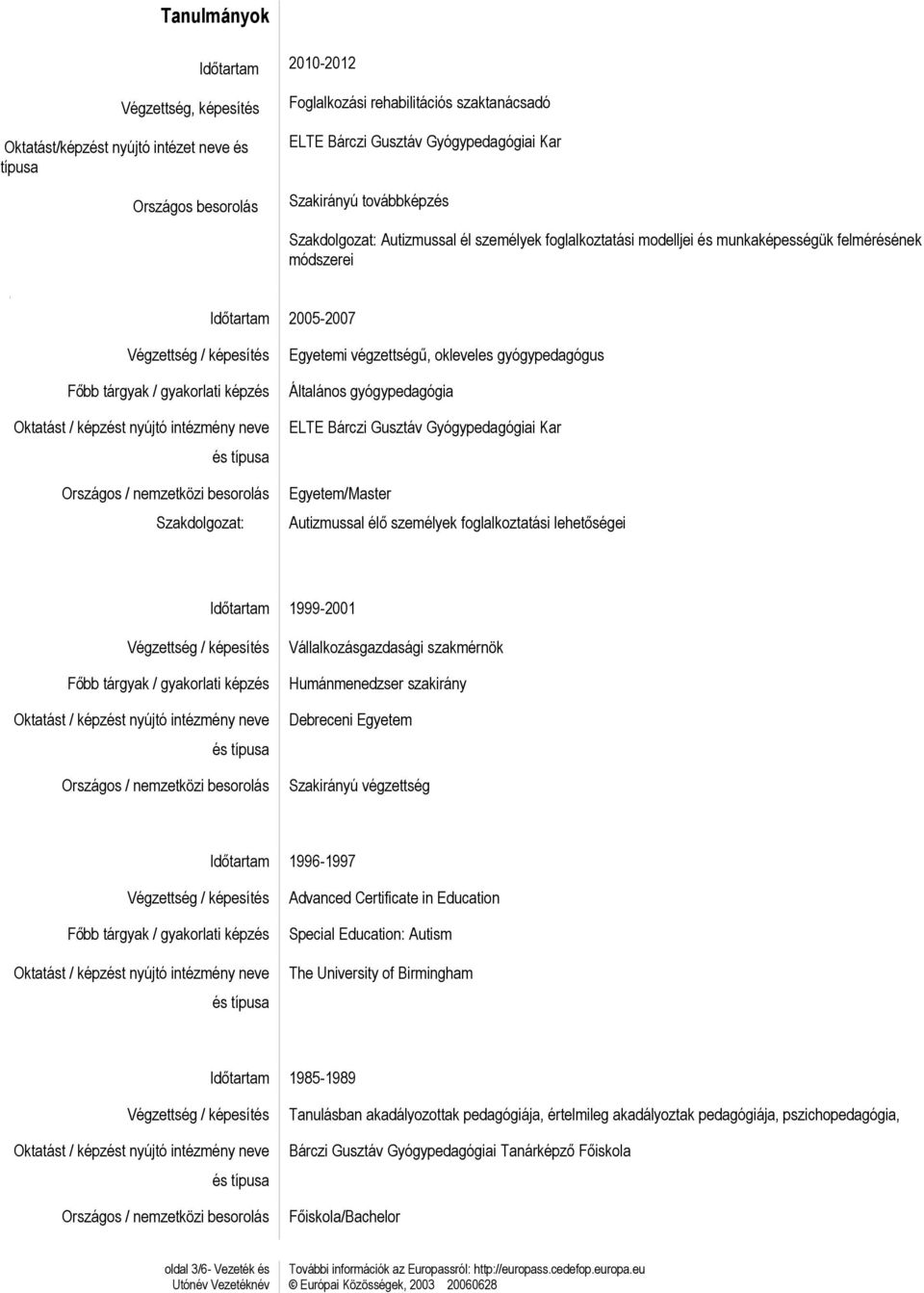 nemzetközi besorolás Szakdolgozat: Egyetemi végzettségű, okleveles gyógypedagógus Általános gyógypedagógia ELTE Bárczi Gusztáv Gyógypedagógiai Kar Egyetem/Master Autizmussal élő személyek