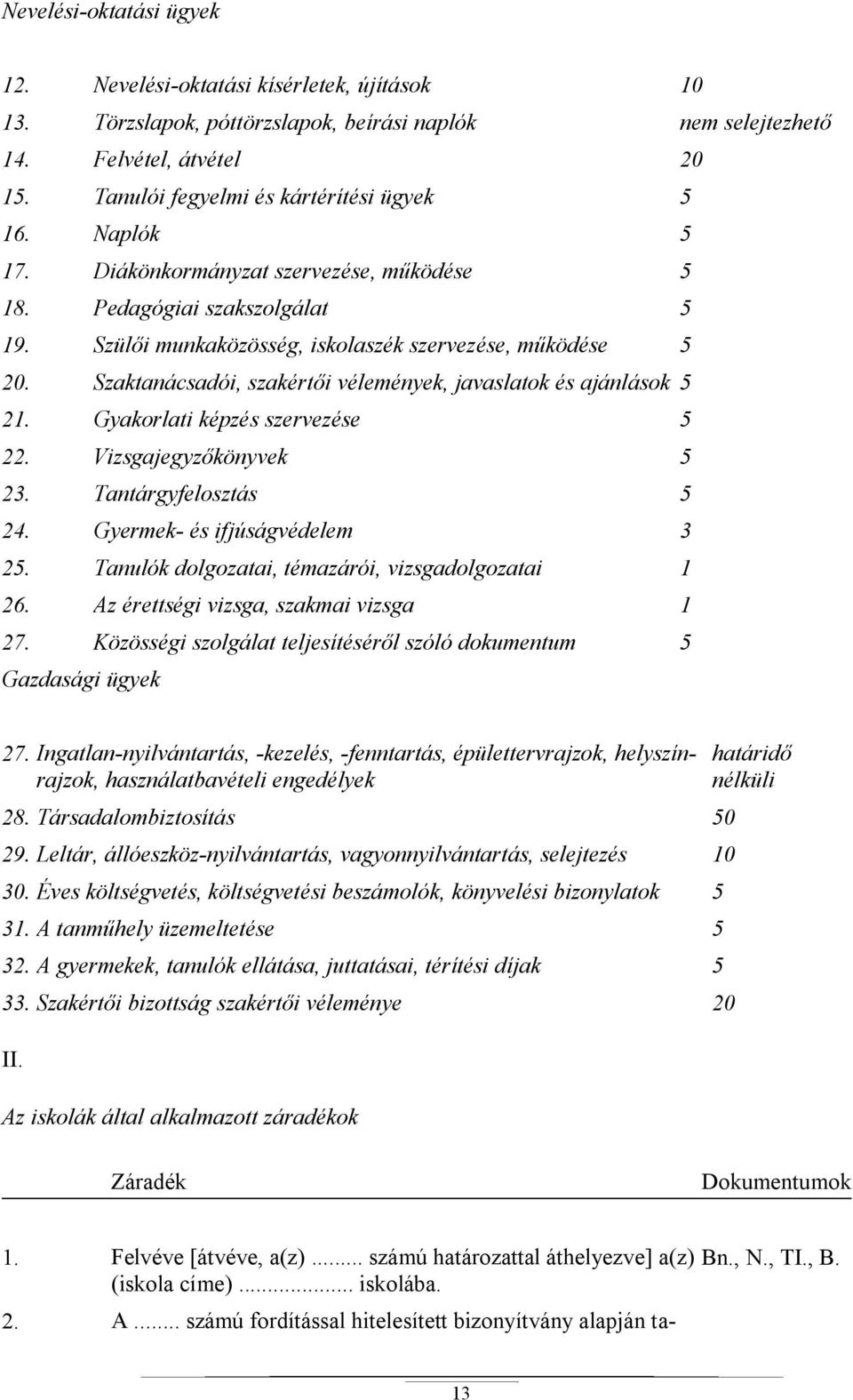 Szaktanácsadói, szakért i vélemények, javaslatok és ajánlások 5 21. Gyakorlati képzés szervezése 5 22. Vizsgajegyz könyvek 5 23. Tantárgyfelosztás 5 24. Gyermek- és ifjúságvédelem 3 25.