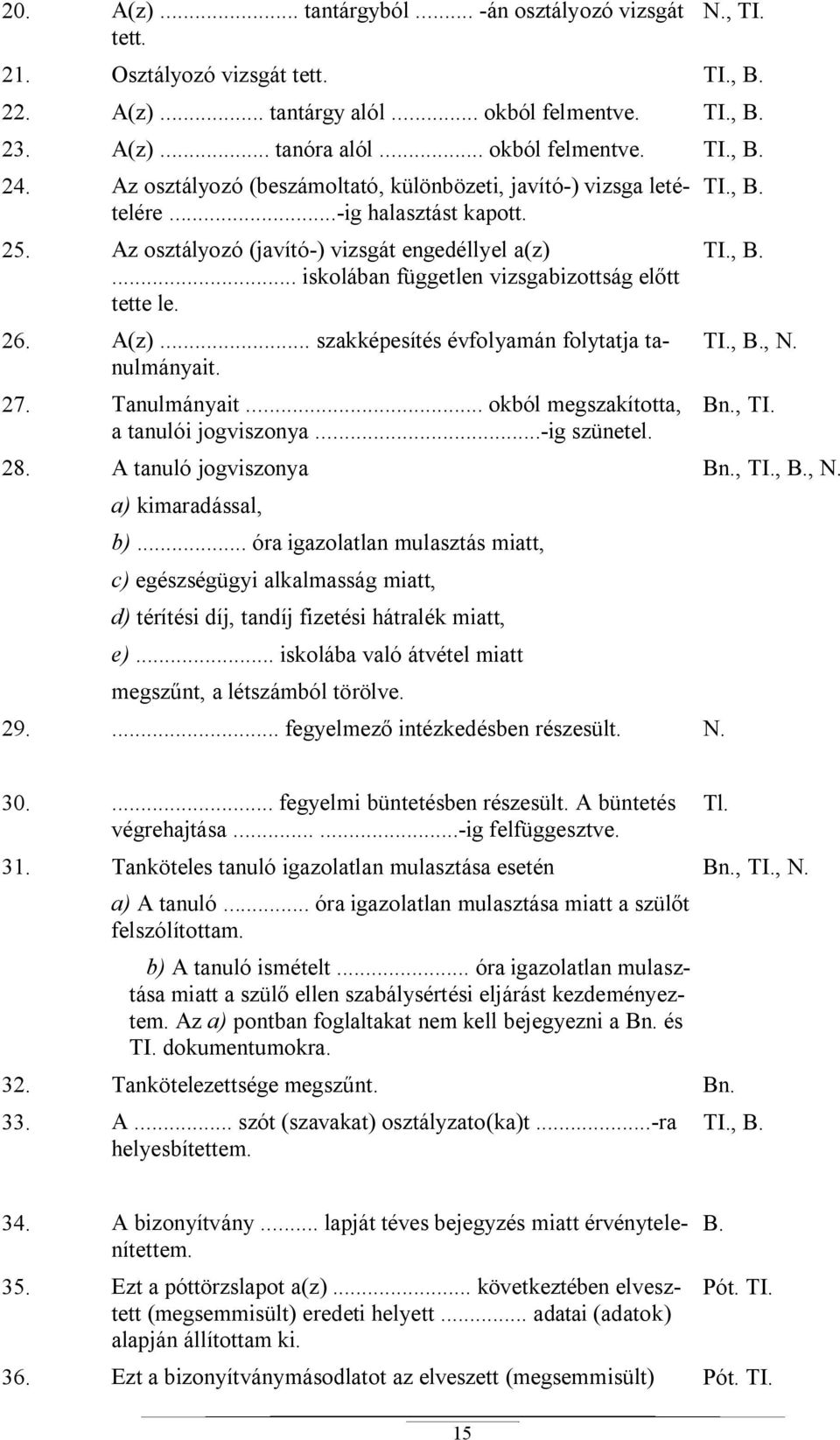 26. A(z)... szakképesítés évfolyamán folytatja tanulmányait. 27. Tanulmányait... okból megszakította, a tanulói jogviszonya...-ig szünetel. TI., B. TI., B. TI., B., N. Bn., TI. 28.