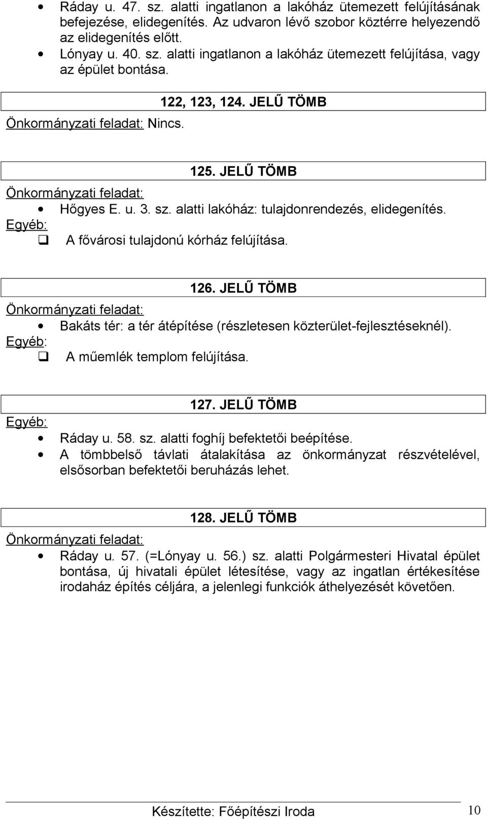 JELŰ TÖMB Bakáts tér: a tér átépítése (részletesen közterület-fejlesztéseknél). A műemlék templom felújítása. 127. JELŰ TÖMB Ráday u. 58. sz. alatti foghíj befektetői beépítése.