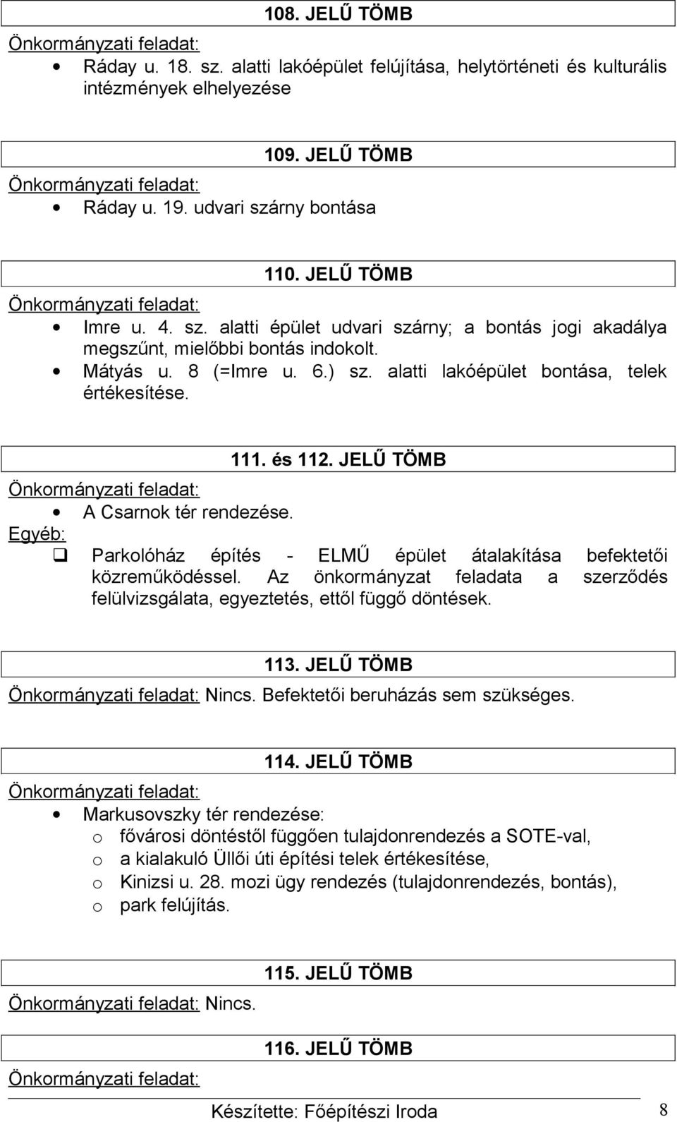 Az önkormányzat feladata a szerződés felülvizsgálata, egyeztetés, ettől függő döntések. 113. JELŰ TÖMB Nincs. Befektetői beruházás sem szükséges. 114.