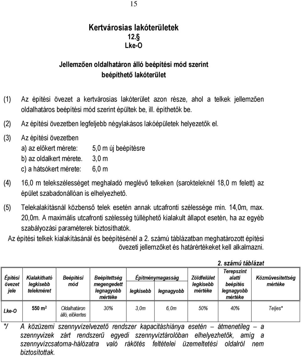 (2) Az építési ben legfeljebb négylakásos lakóépületek helyezetők el. (3) Az építési ben a) az előkert mérete: 5,0 m új re b) az oldalkert mérete.