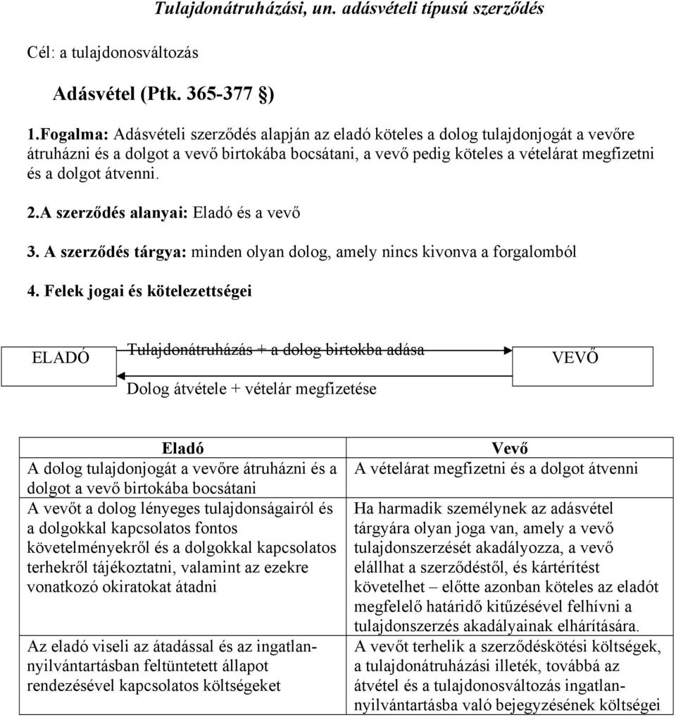 2.A szerződés alanyai: Eladó és a vevő 3. A szerződés tárgya: minden olyan dolog, amely nincs kivonva a forgalomból 4.