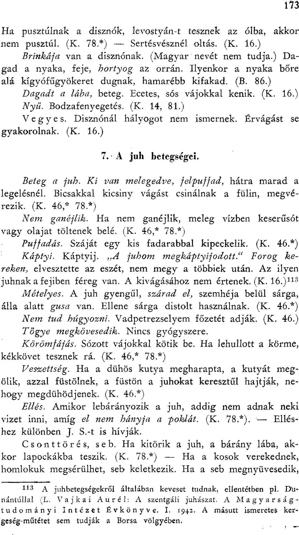 (K. 14, 81.) Vegyes. Disznónál hályogot nem ismernek. Érvágást se gyakorolnak. (K. 16.) 7. A juh betegségei. Beteg a juh. Ki van melegedve, felpuffad, hátra marad a legelésnél.