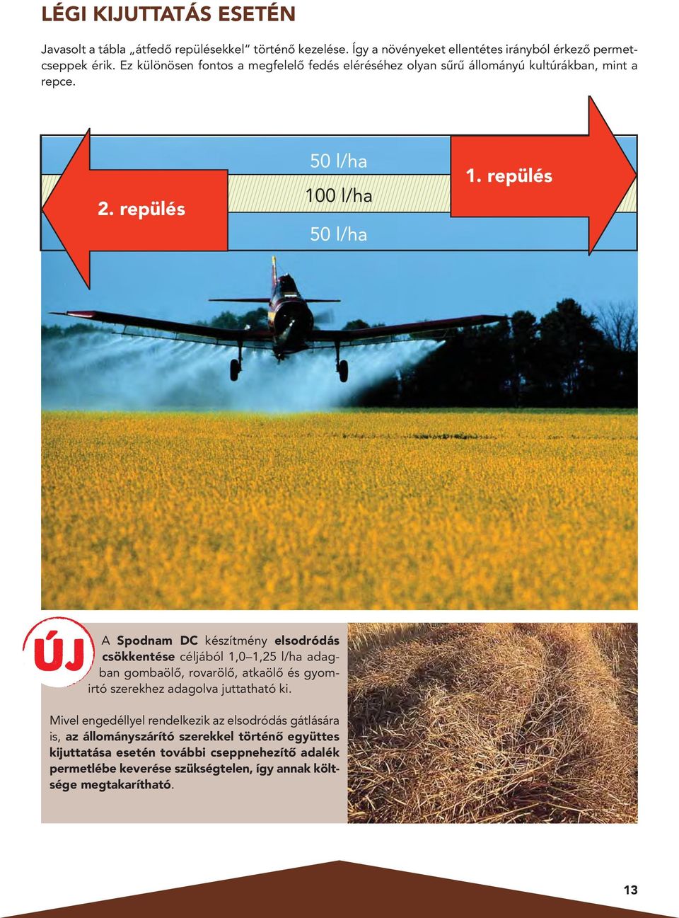 repülés A Spodnam DC készítmény elsodródás csökkentése céljából 1,0 1,25 l/ha adagban gombaölô, rovarölô, atkaölô és gyom - irtó szerekhez adagolva juttatható ki.