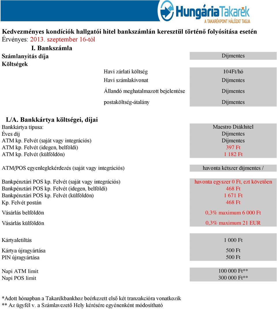 Bankkártya költségei, díjai Bankkártya típusa: Éves díj ATM kp. Felvét (saját vagy integrációs) ATM kp. Felvét (idegen, belföldi) ATM kp.