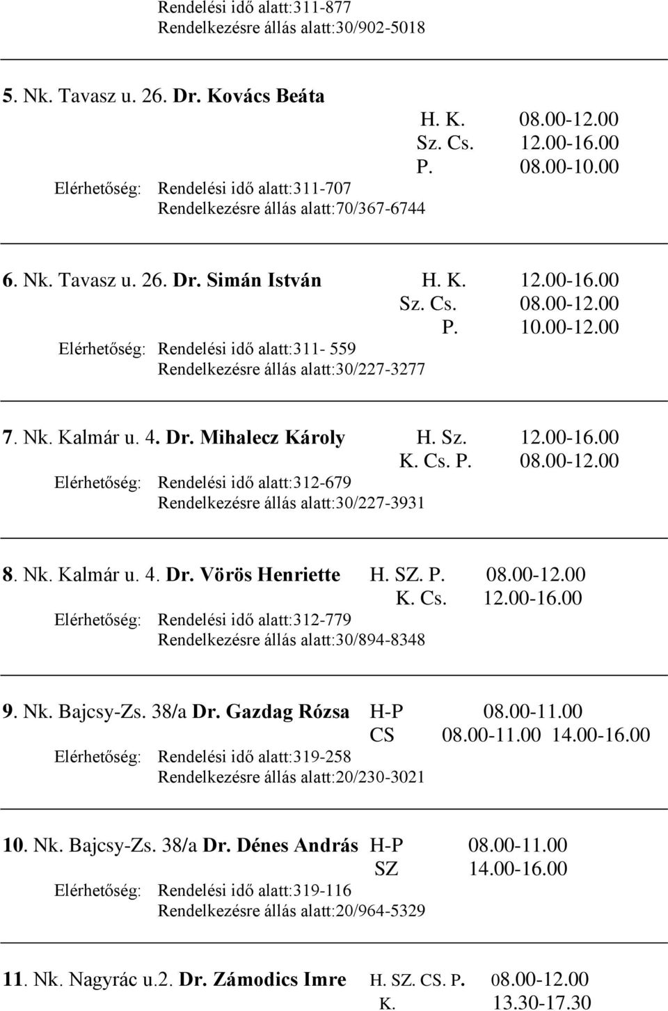 Nk. Kalmár u. 4. Dr. Mihalecz Károly H. Sz. 12.00-16.00 K. Cs. P. 08.00-12.00 Elérhetőség: Rendelési idő alatt:312-679 Rendelkezésre állás alatt:30/227-3931 8. Nk. Kalmár u. 4. Dr. Vörös Henriette H.