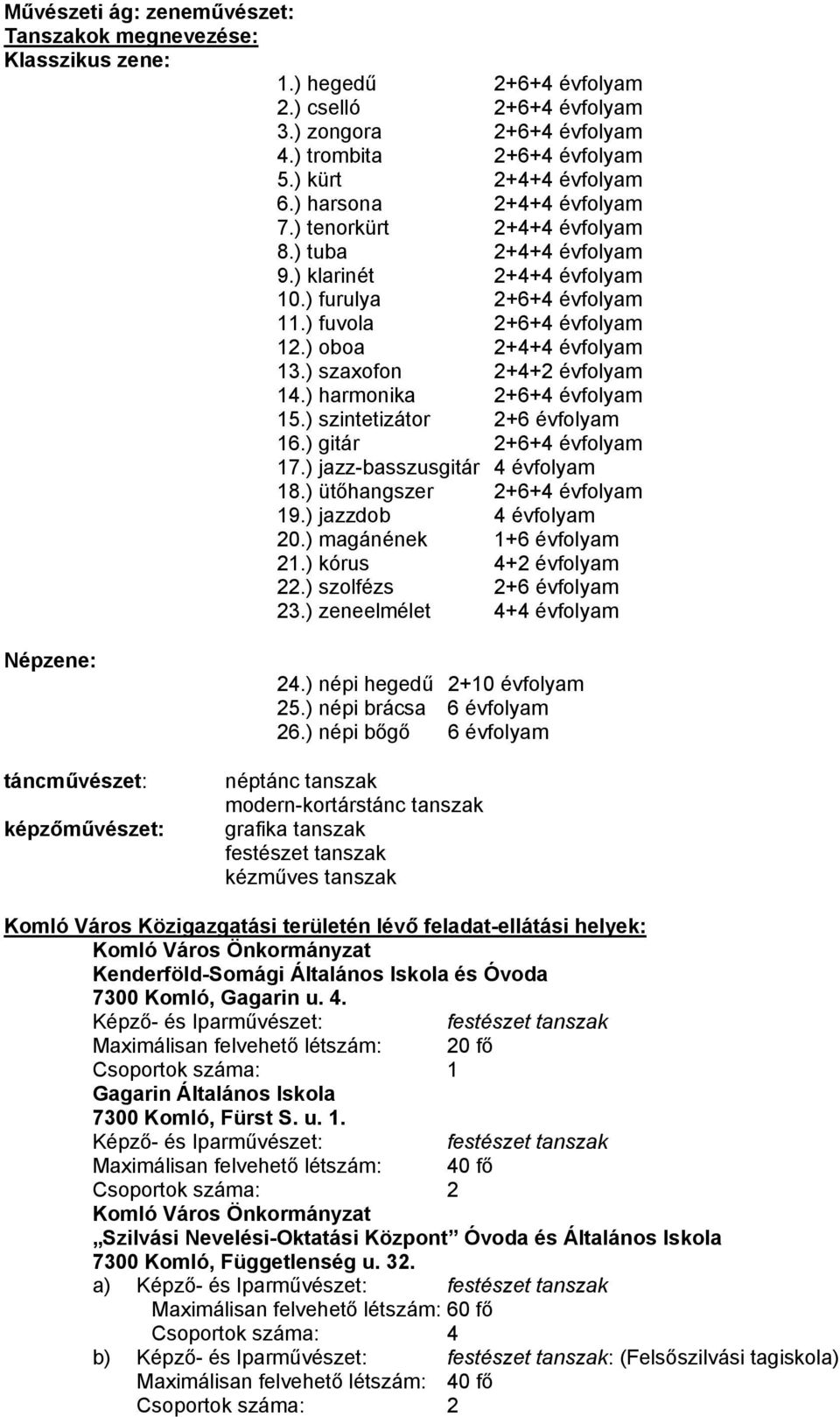 ) oboa 2+4+4 évfolyam 13.) szaxofon 2+4+2 évfolyam 14.) harmonika 2+6+4 évfolyam 15.) szintetizátor 2+6 évfolyam 16.) gitár 2+6+4 évfolyam 17.) jazz-basszusgitár 4 évfolyam 18.