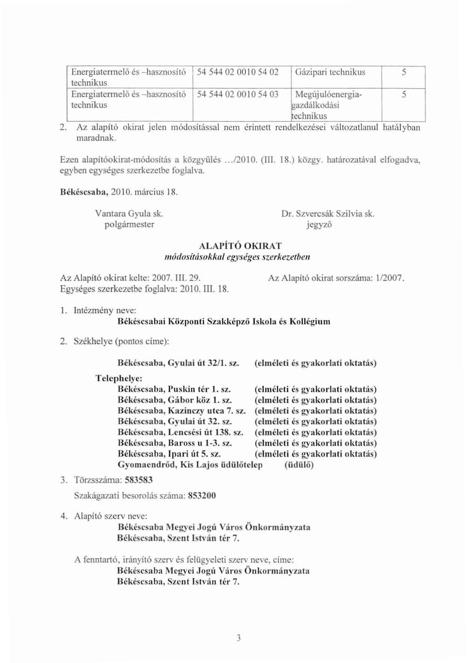 határozatával elfogadva, egyben egységes szerkezetbe foglalva. Békéscsaba, 2010. március 18. Vantara Gyula sk. polgármester Dr. Szvercsák. Szilvia sk.