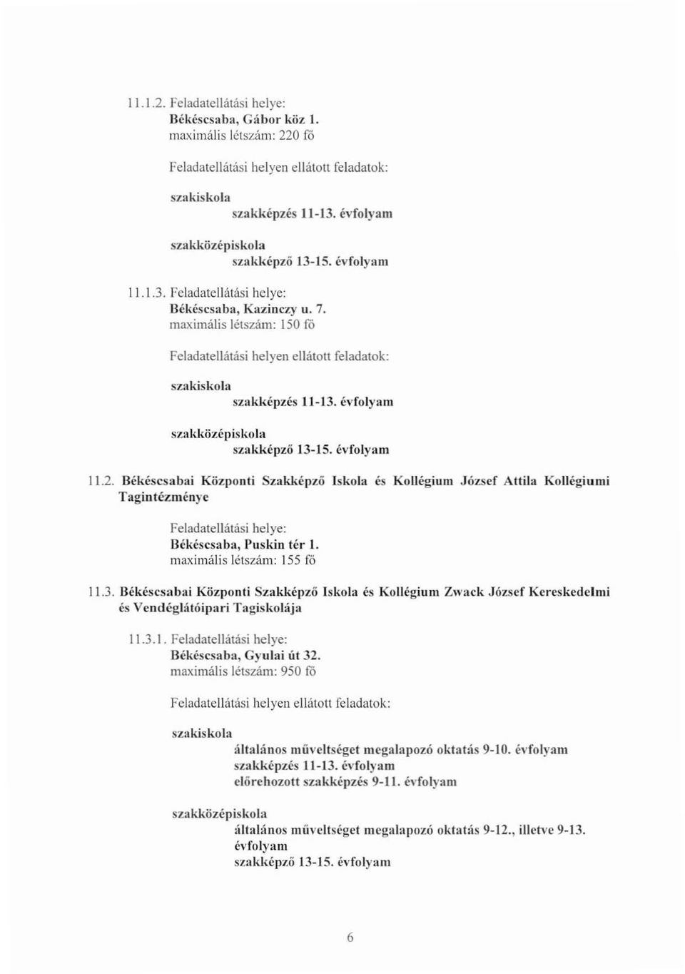 évfolyam szakközepiskola szakképző I3-J5. évfoly:lm 11.2. Békéscsabai Központi Szakképző Iskola és Kollégium József Attila Kollégiumi Tagint(~zménye Feladatellátási helye: Békéscsaba, Puskin tér I.