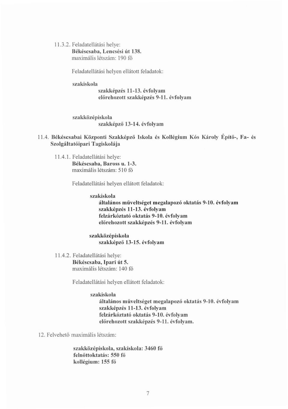 1-3. maximális létszám: 510 ró Feladatellátási helyen ellátott feladatok: szakiskola áltulános műveltséget megalapozó oktahís -10. évfolyam szakképzés 11-13. évfolyam felzárkóztató oktatás -10.