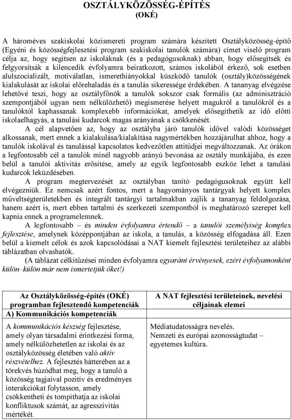 motiválatlan, ismerethiányokkal küszködő tanulók (osztály)közösségének kialakulását az iskolai előrehaladás és a tanulás sikeressége érdekében.