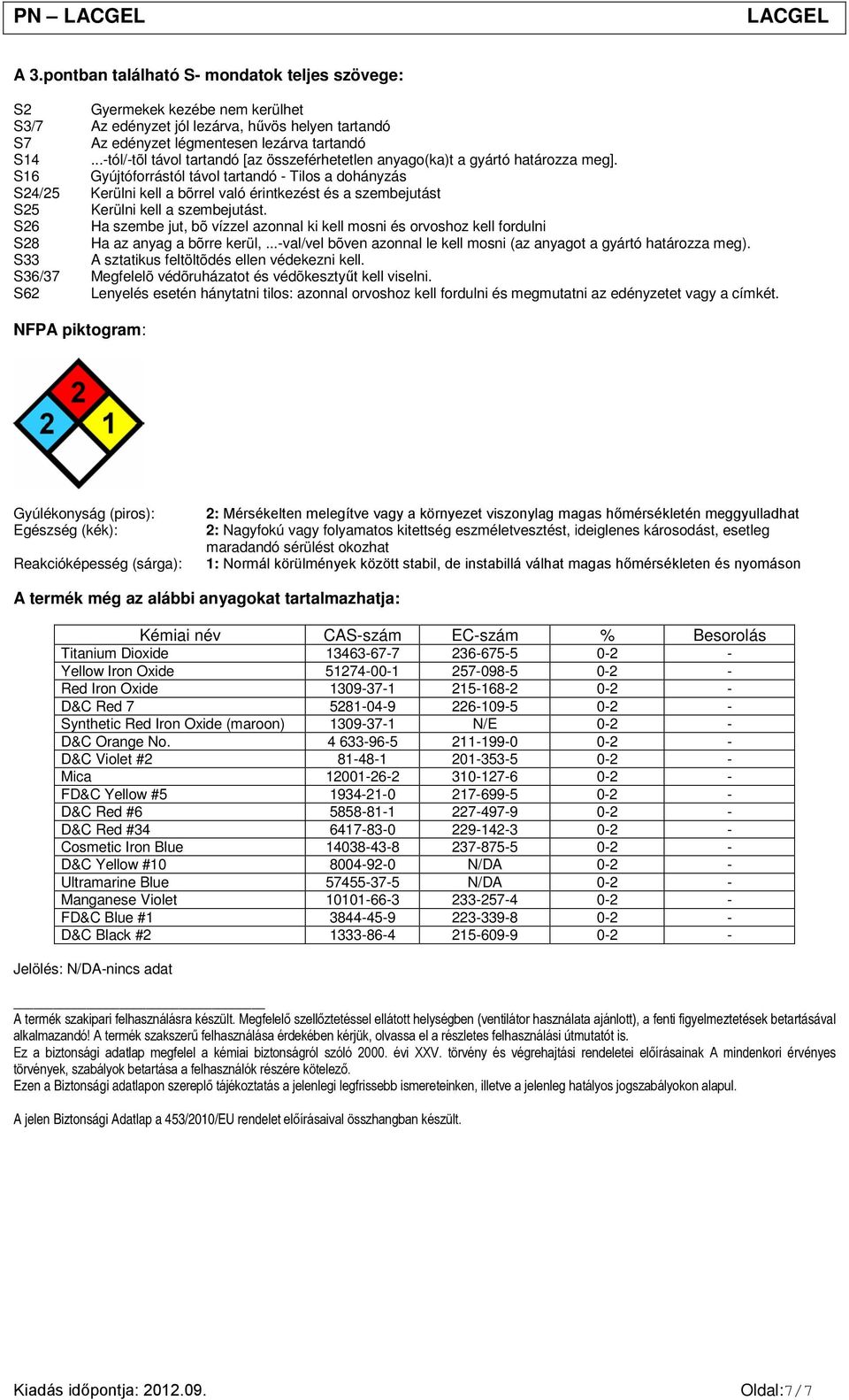 S16 Gyújtóforrástól távol tartandó - Tilos a dohányzás S24/25 Kerülni kell a bõrrel való érintkezést és a szembejutást S25 Kerülni kell a szembejutást.