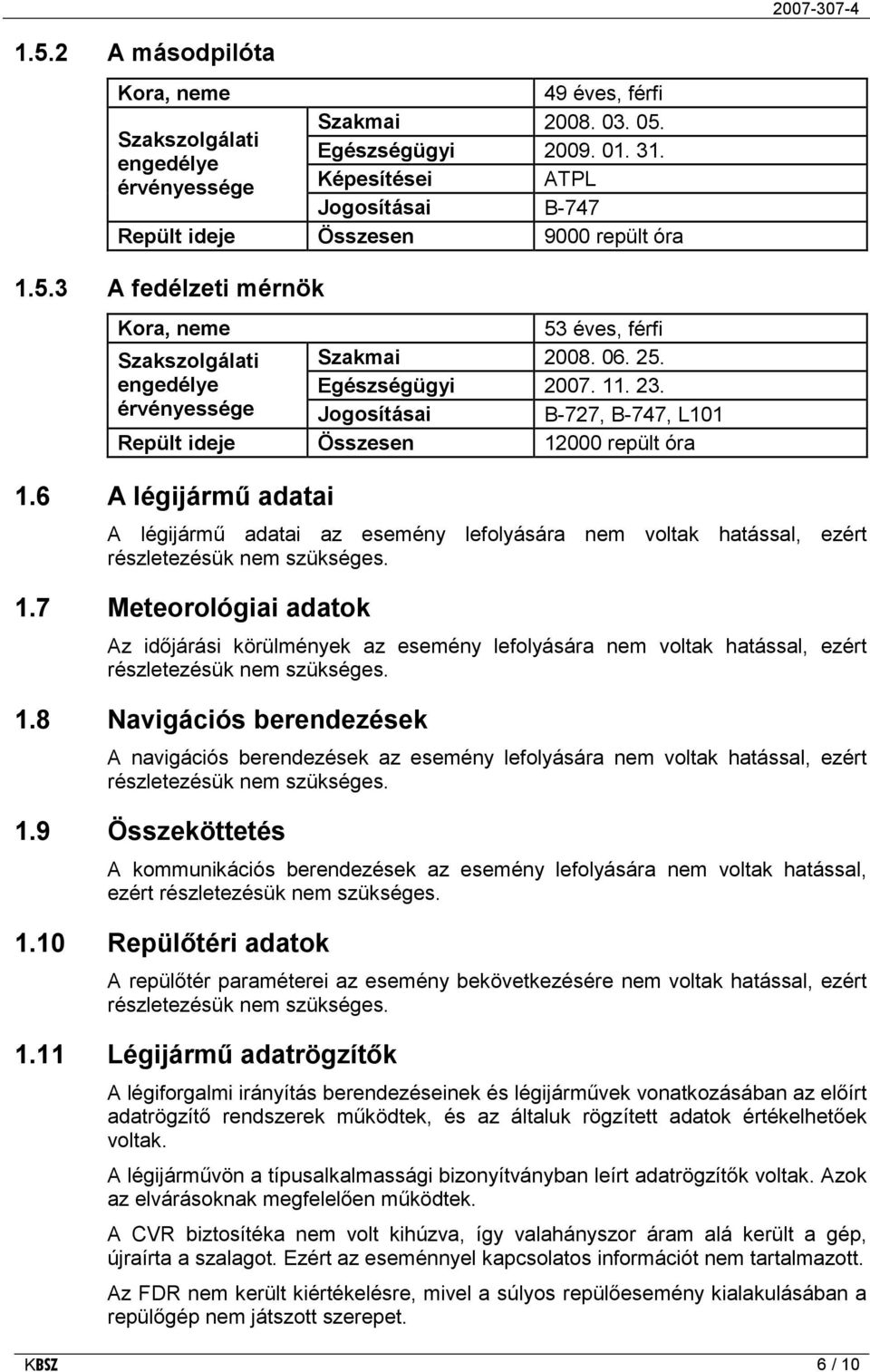 érvényessége Jogosításai B-727, B-747, L101 Repült ideje Összesen 12000 repült óra 1.