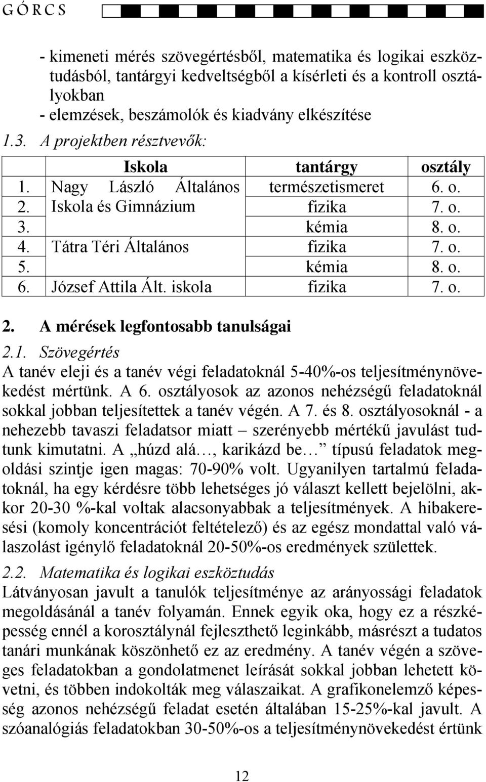 iskola fizika 7. o. 2. A mérések legfontosabb tanulságai 2.1. Szövegértés A tanév eleji és a tanév végi feladatoknál 5-40%-os teljesítménynövekedést mértünk. A 6.