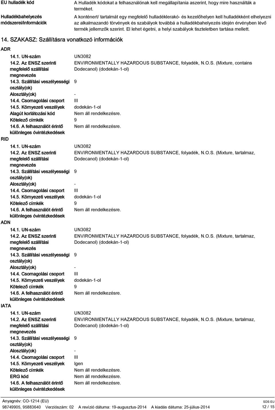 jellemzők szerint. El lehet égetni, a helyi szabályok tiszteletben tartása mellett. 14. SZAKASZ: Szállításra vonatkozó információk ADR 14.1. UN-szám 14.2.