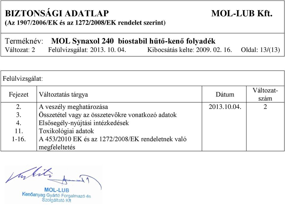 A veszély meghatározása 2013.10.04. 2 3. Összetétel vagy az összetevőkre vonatkozó adatok 4.