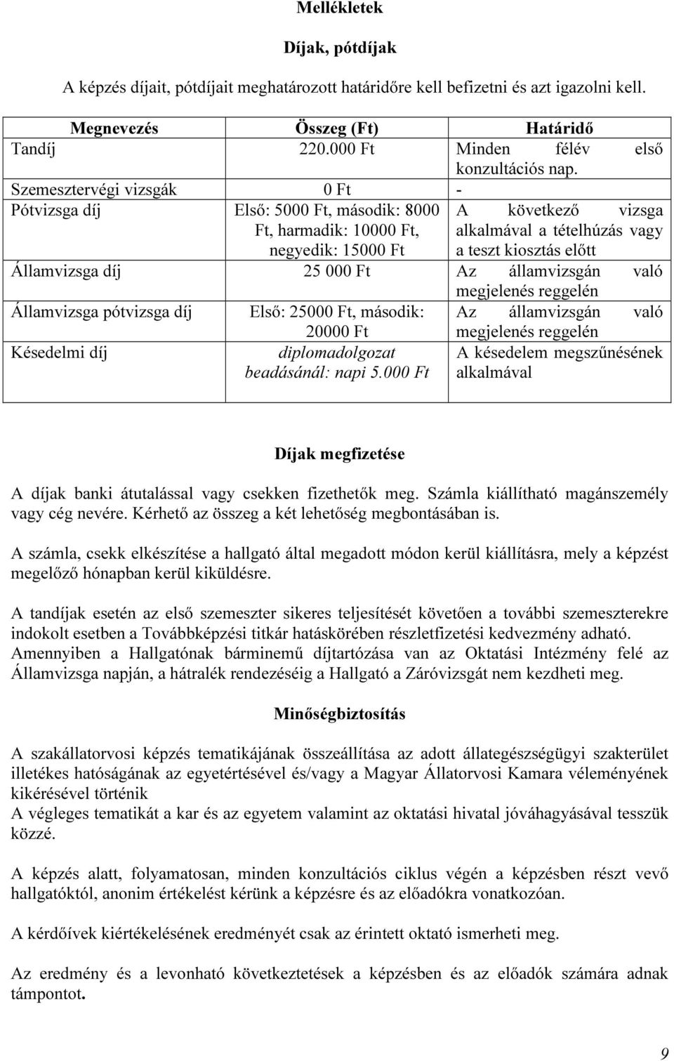 Szemesztervégi vizsgák 0 Ft - Pótvizsga díj Első: 5000 Ft, második: 8000 A következő vizsga Ft, harmadik: 10000 Ft, negyedik: 15000 Ft alkalmával a tételhúzás vagy a teszt kiosztás előtt Államvizsga