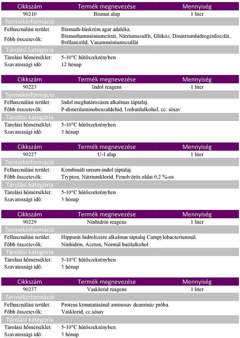 alkalmas táptalaj. P-dimetilaminobenzaldehid, Izobutilalkohol, cc. sósav 90227 U-I alap 1 liter Felhasználási terület: Kombinált ureum-indol táptalaj.