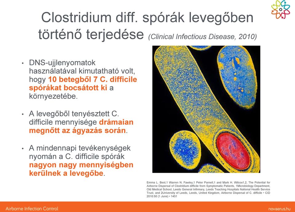 difficile spórák nagyon nagy mennyiségben kerülnek a levegőbe. Emma L. Best,1 Warren N. Fawley,1 Peter Parnell,1 and Mark H.