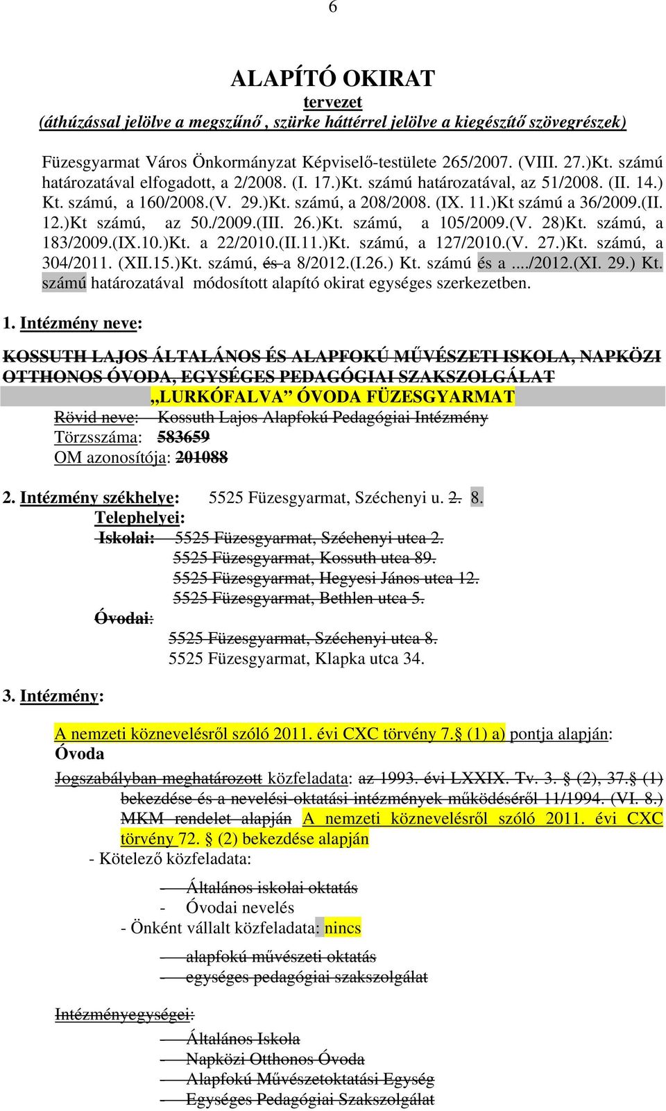 )Kt számú, az 50./2009.(III. 26.)Kt. számú, a 105/2009.(V. 28)Kt. számú, a 183/2009.(IX.10.)Kt. a 22/2010.(II.11.)Kt. számú, a 127/2010.(V. 27.)Kt. számú, a 304/2011. (XII.15.)Kt. számú, és a 8/2012.