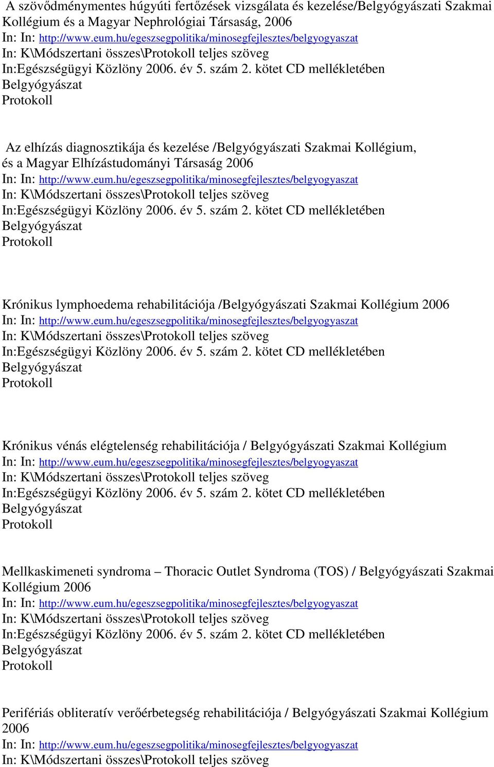 kötet CD mellékletében Belgyógyászat Az elhízás diagnosztikája és kezelése /Belgyógyászati Szakmai Kollégium, és a Magyar Elhízástudományi Társaság 2006 In: In: http://www.eum.