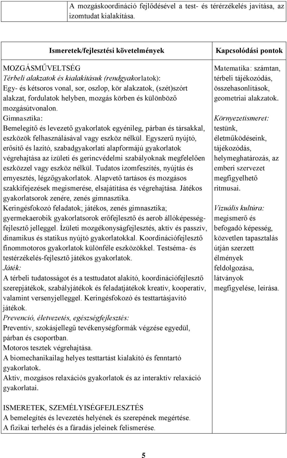 különböző mozgásútvonalon. Gimnasztika: Bemelegítő és levezető gyakorlatok egyénileg, párban és társakkal, eszközök felhasználásával vagy eszköz nélkül.