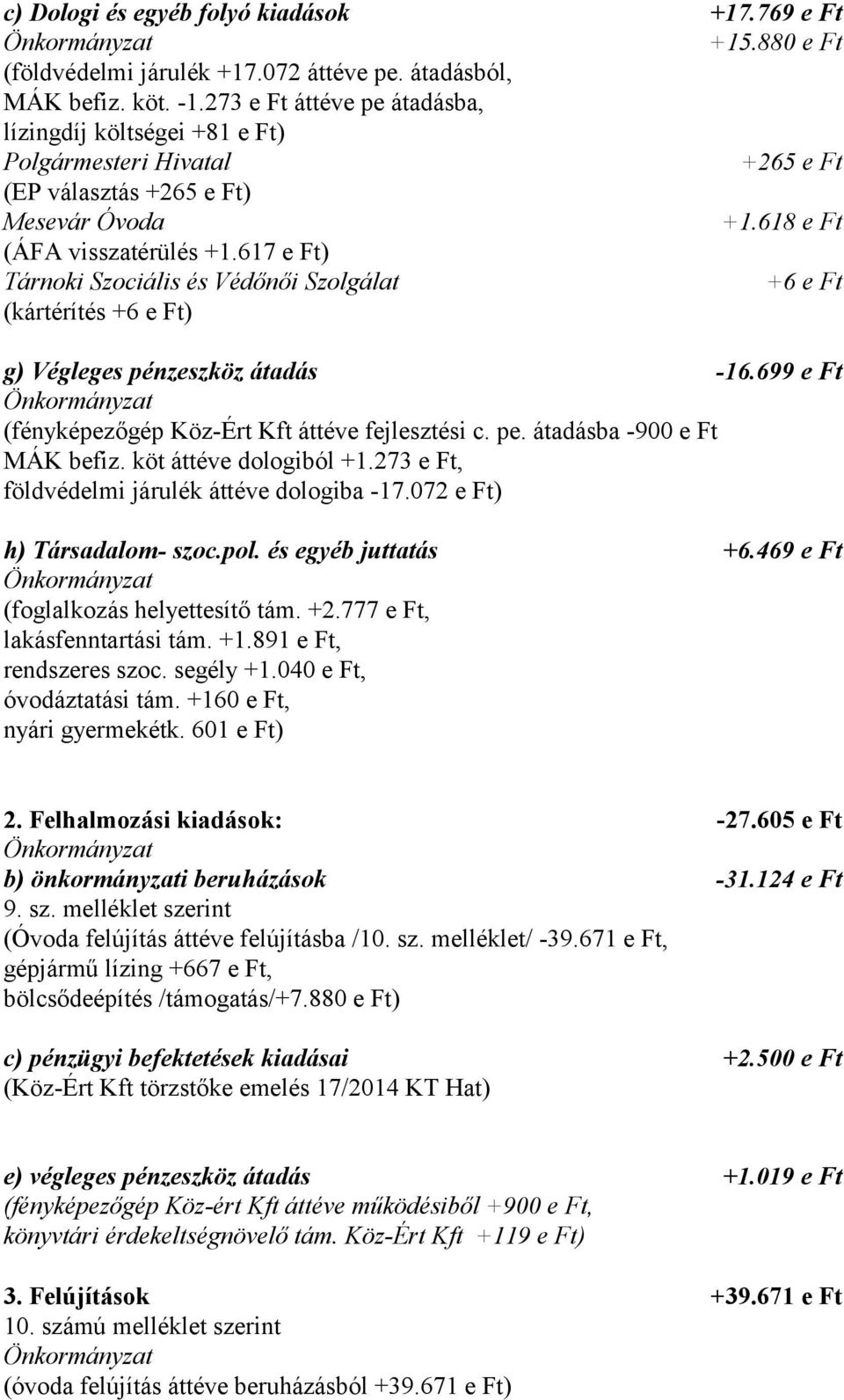 617 e Ft) Tárnoki Szociális és Védőnői Szolgálat +6 e Ft (kártérítés +6 e Ft) g) Végleges pénzeszköz átadás -16.699 e Ft Önkormányzat (fényképezőgép Köz-Ért Kft áttéve fejlesztési c. pe.