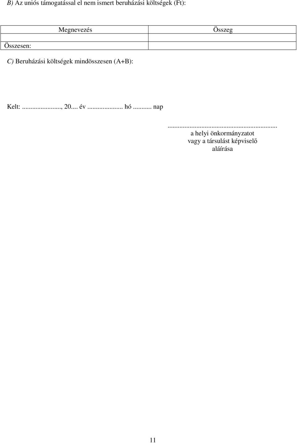 költségek mindösszesen (A+B): Kelt:..., 20... év... hó.