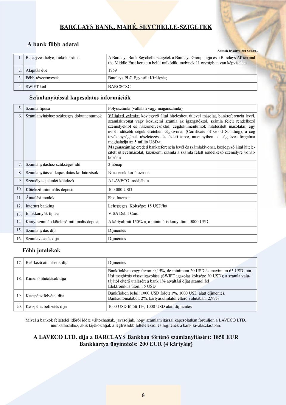 Alapítás éve 1959 3. Főbb részvényesek Barclays PLC Egyesült Királyság 4. SWIFT kód BARCSCSC 5. Számla típusa Folyószámla (vállalati vagy magánszámla) 6.
