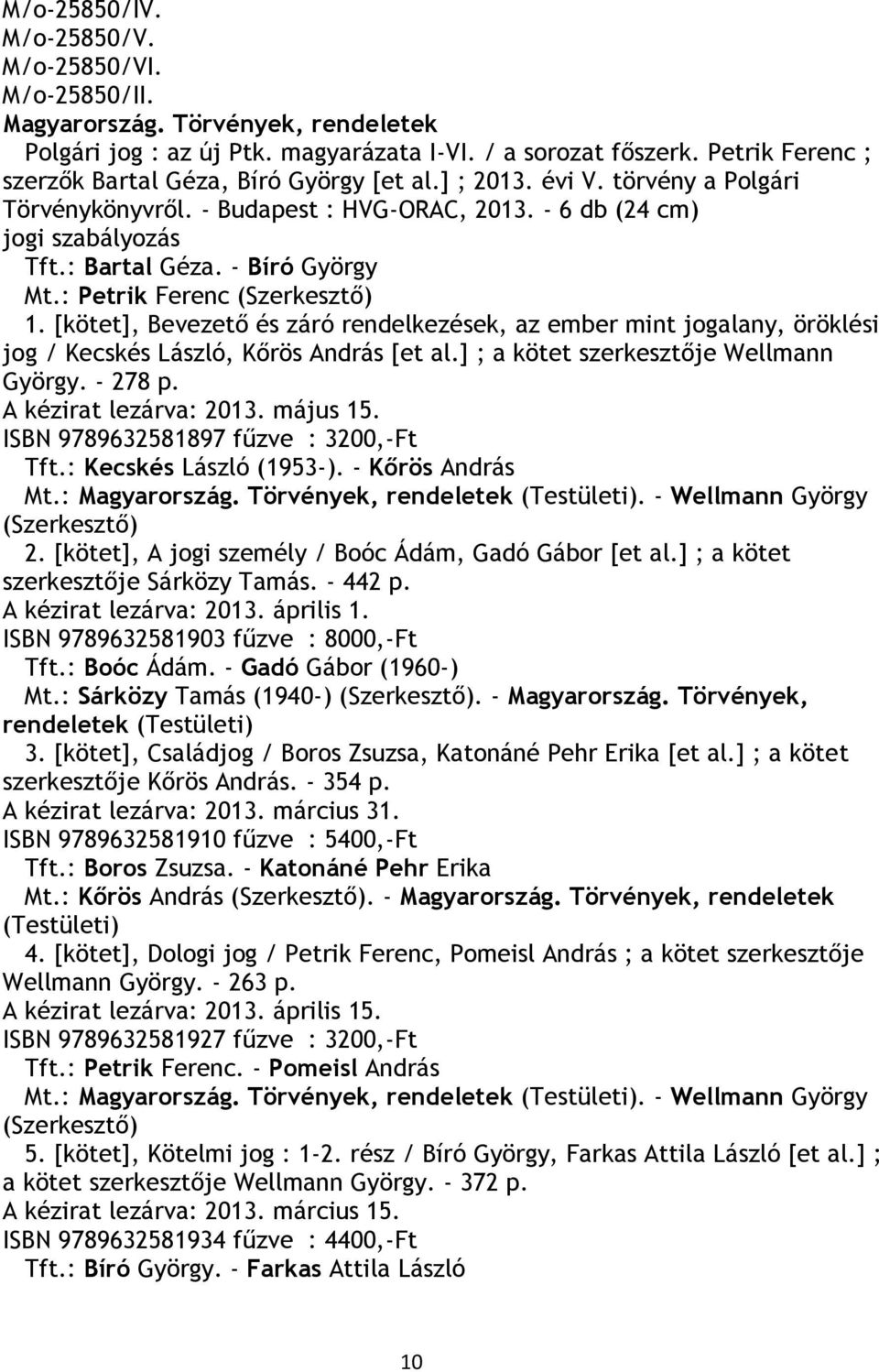 - Bíró György Mt.: Petrik Ferenc (Szerkesztő) 1. [kötet], Bevezető és záró rendelkezések, az ember mint jogalany, öröklési jog / Kecskés László, Kőrös András [et al.