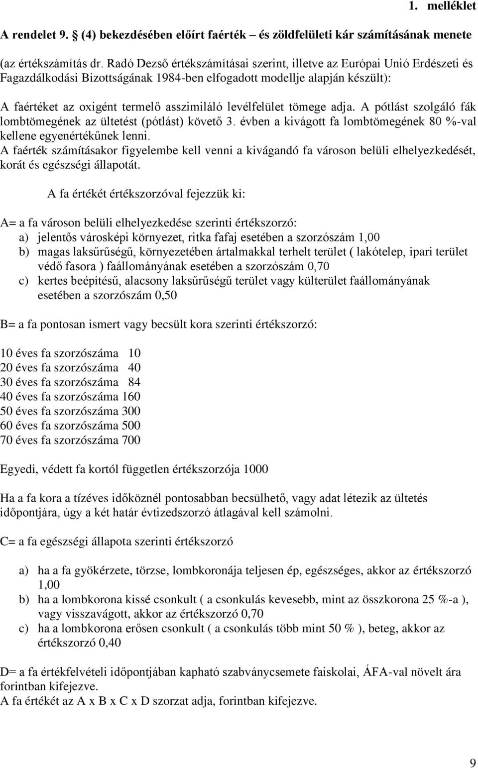 levélfelület tömege adja. A pótlást szolgáló fák lombtömegének az ültetést (pótlást) követő 3. évben a kivágott fa lombtömegének 80 %-val kellene egyenértékűnek lenni.