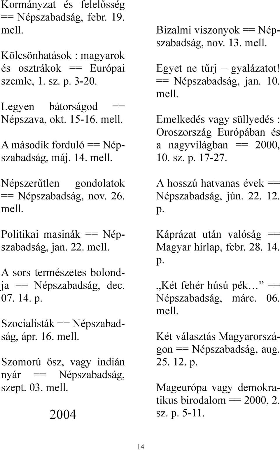 Szocialisták == Népszabadság, ápr. 16. mell. Szomorú ősz, vagy indián nyár == Népszabadság, szept. 03. mell. 2004 Bizalmi viszonyok == Népszabadság, nov. 13. mell. Egyet ne tűrj gyalázatot!