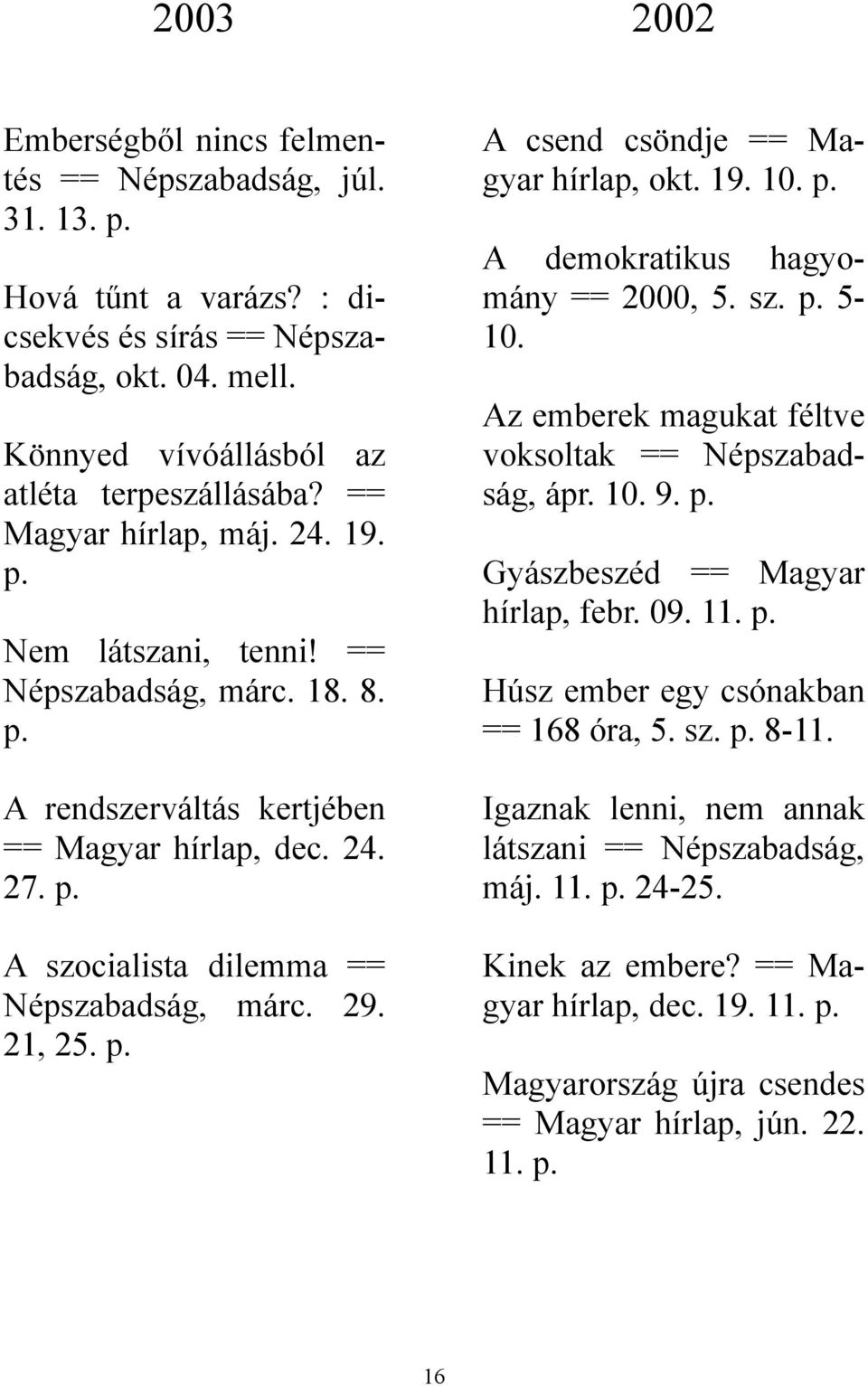 A csend csöndje == Magyar hírlap, okt. 19. 10. A demokratikus hagyomány == 2000, 5. sz. 5-10. Az emberek magukat féltve voksoltak == Népszabadság, ápr. 10. 9. Gyászbeszéd == Magyar hírlap, febr. 09.