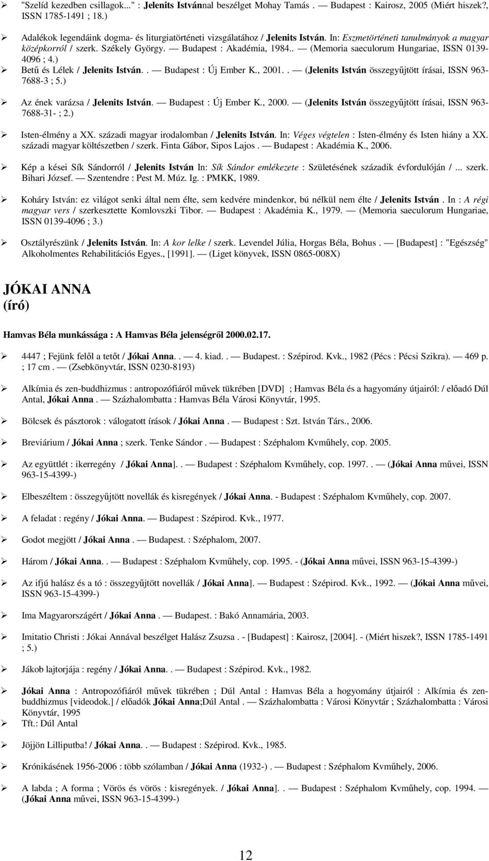 . (Memoria saeculorum Hungariae, ISSN 0139-4096 ; 4.) Betű és Lélek / Jelenits István.. Budapest : Új Ember K., 2001.. (Jelenits István összegyűjtött írásai, ISSN 963-7688-3 ; 5.