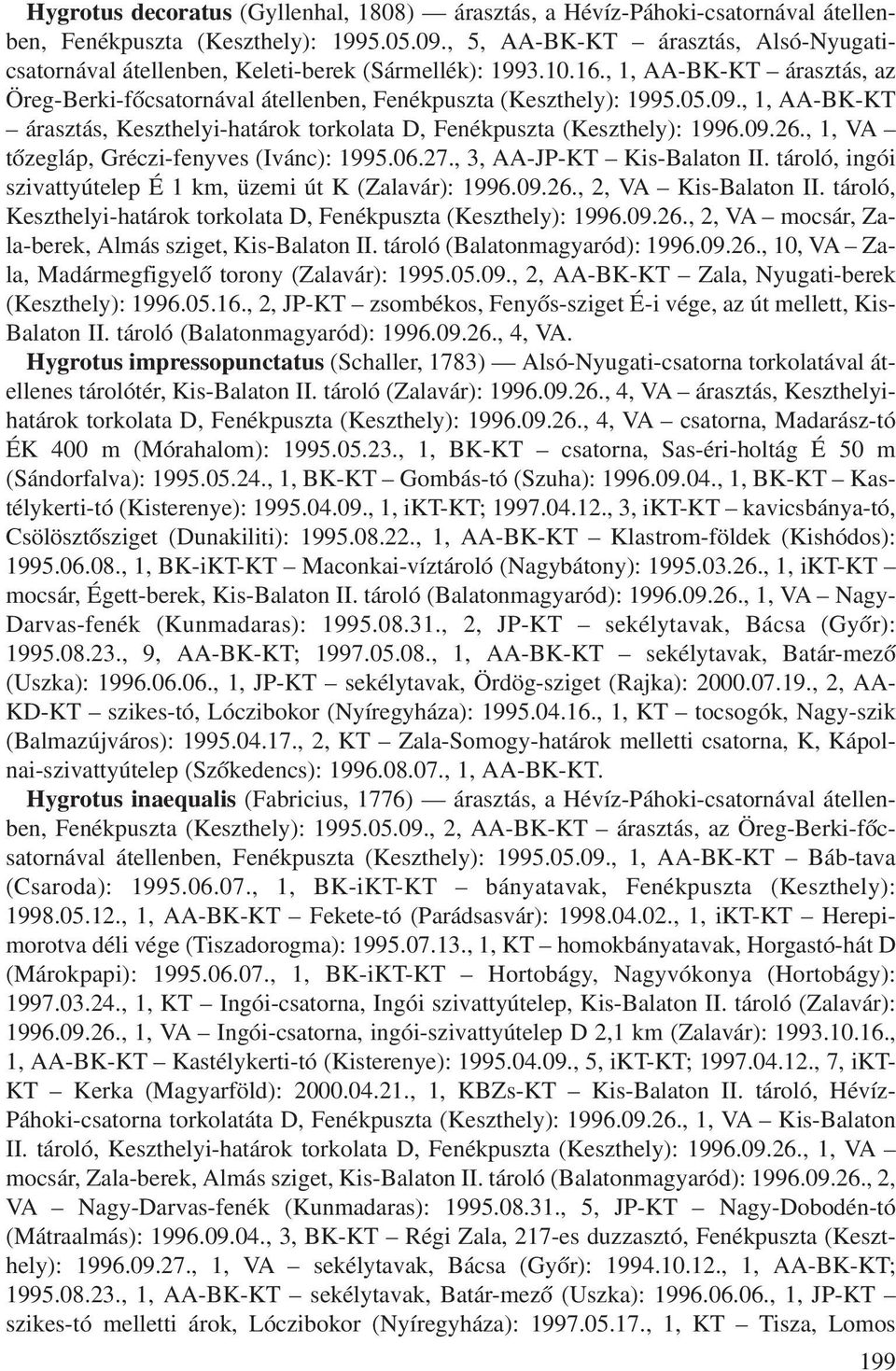 , 1, AA-BK-KT árasztás, Keszthelyi-határok torkolata D, Fenékpuszta (Keszthely): 1996.09.26., 1, VA tôzegláp, Gréczi-fenyves (Ivánc): 1995.06.27., 3, AA-JP-KT Kis-Balaton II.