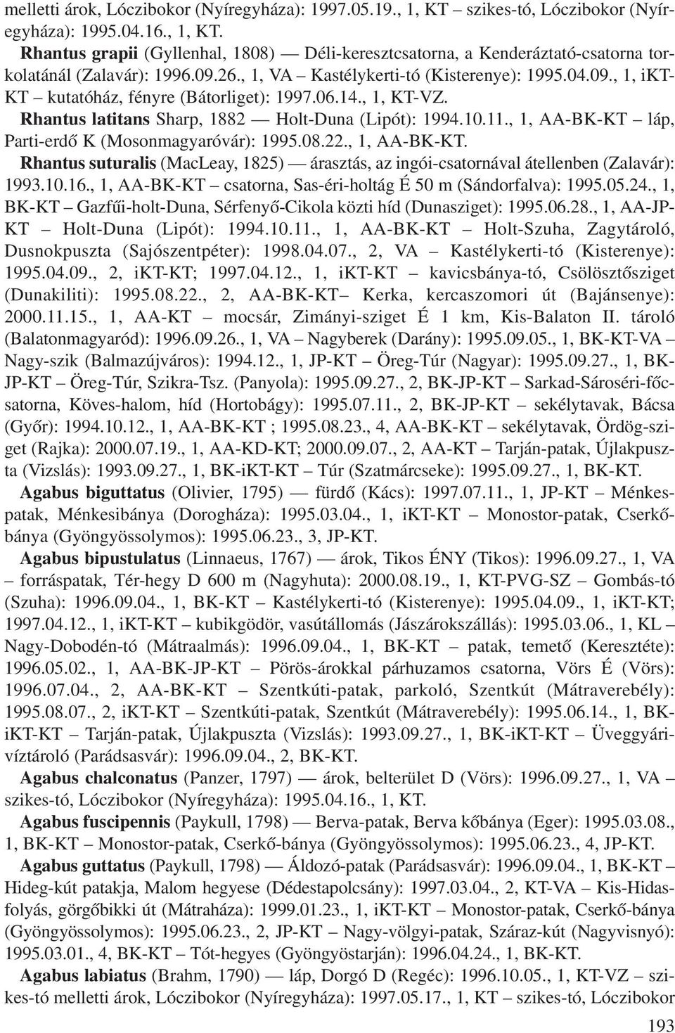 , 1, AA-BK-KT láp, Parti-erdô K (Mosonmagyaróvár): 1995.08.22., 1, AA-BK-KT. Rhantus suturalis (MacLeay, 1825) árasztás, az ingói-csatornával átellenben (Zalavár): 1993.10.16.