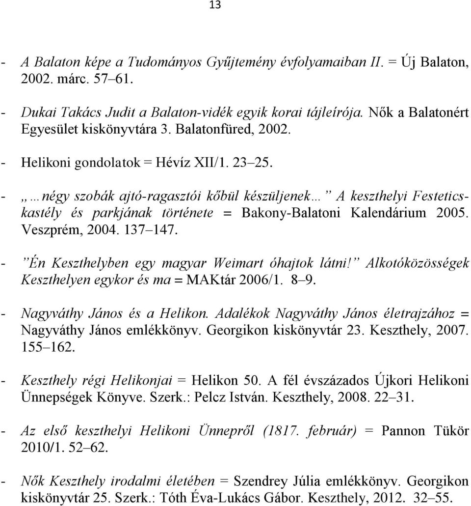 Veszprém, 2004. 137 147. - Én Keszthelyben egy magyar Weimart óhajtok látni! Alkotóközösségek Keszthelyen egykor és ma = MAKtár 2006/1. 8 9. - Nagyváthy János és a Helikon.