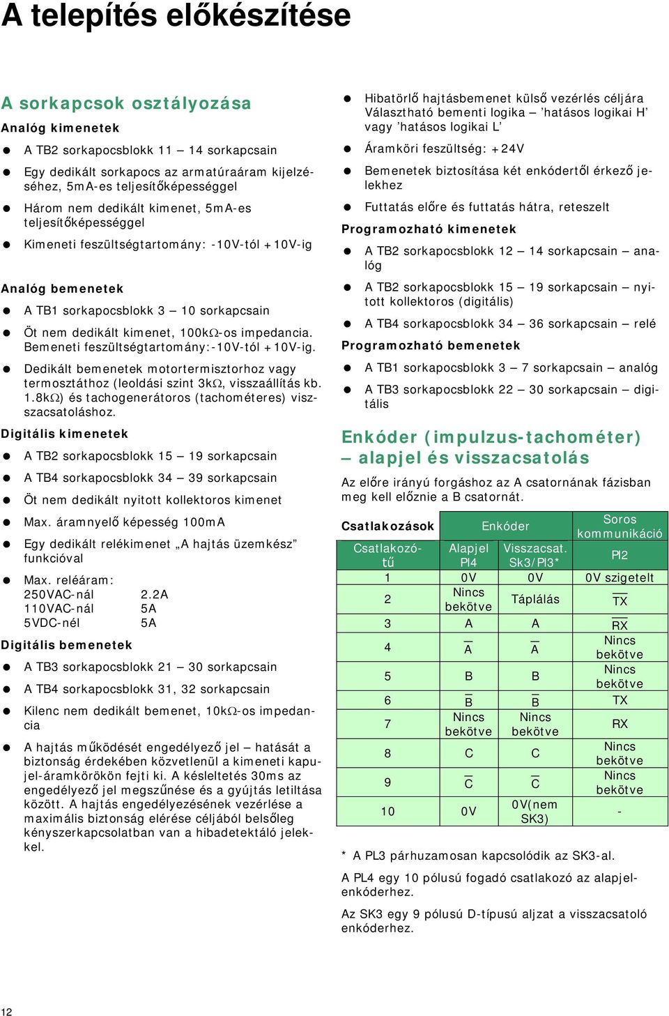 impedancia. Bemeneti feszültségtartomány:-10v-tól +10V-ig. = Dedikált bemenetek motortermisztorhoz vagy termosztáthoz (leoldási szint 3kW, visszaállítás kb. 1.