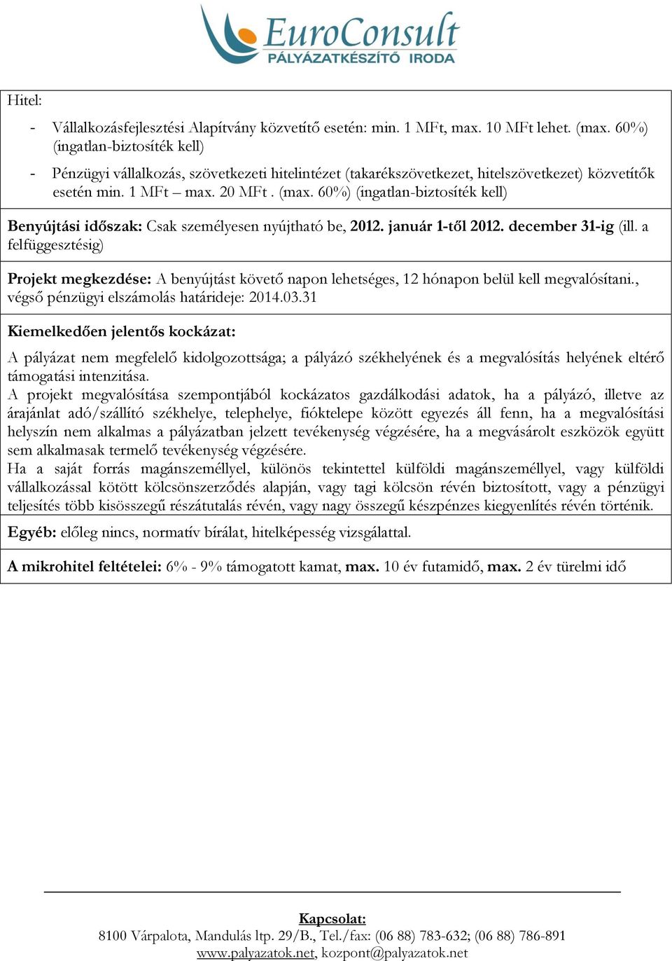 60%) (ingatlan-biztosíték kell) Benyújtási időszak: Csak személyesen nyújtható be, 2012. január 1-től 2012. december 31-ig (ill.