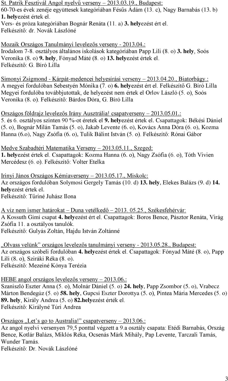 osztályos általános iskolások kategóriában Papp Lili (8. o) 3. hely, Soós Veronika (8. o) 9. hely, Fónyad Máté (8. o) 13. helyezést értek el. Felkészítő: G.