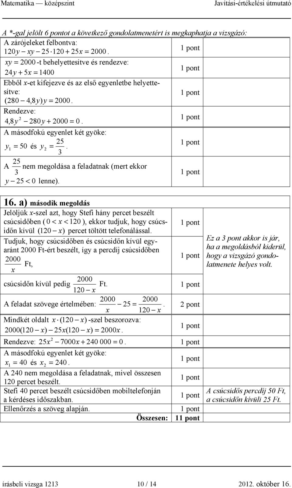 A másodfokú egyenlet két gyöke: y = 50 és 5 1 y =. A 5 nem megoldása a feladatnak (mert ekkor y 5 < 0 lenne). 16.