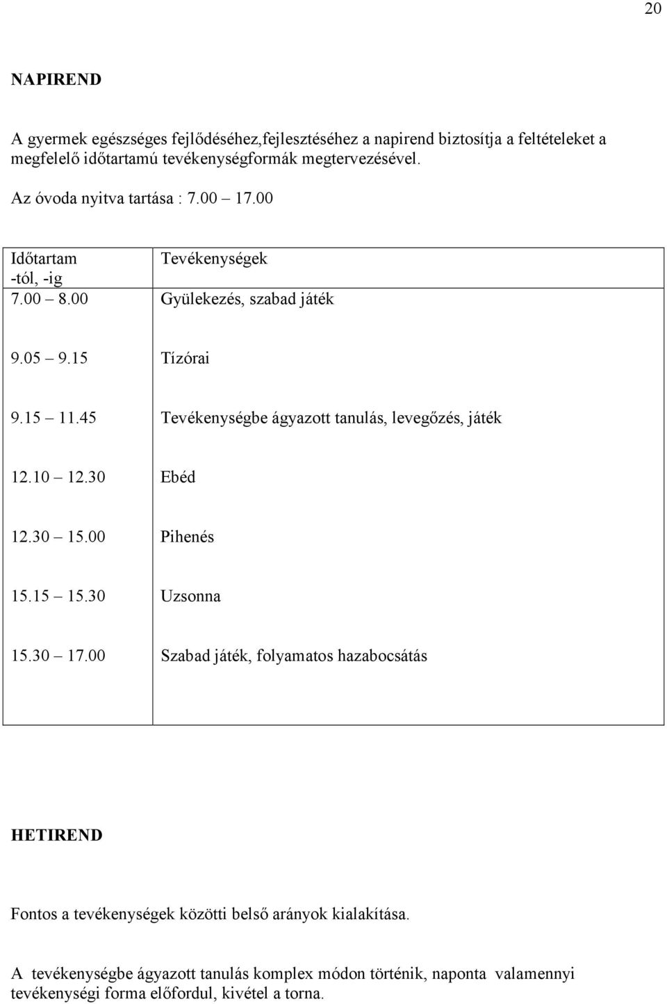 45 Tevékenységbe ágyazott tanulás, levegőzés, játék 12.10 12.30 Ebéd 12.30 15.00 Pihenés 15.15 15.30 Uzsonna 15.30 17.